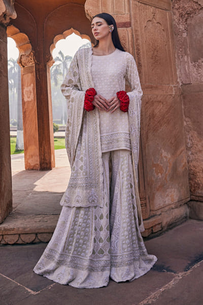 Dhaaga and Co. Ivory chikankari kurta and sharara set DHAAJUN26D147503