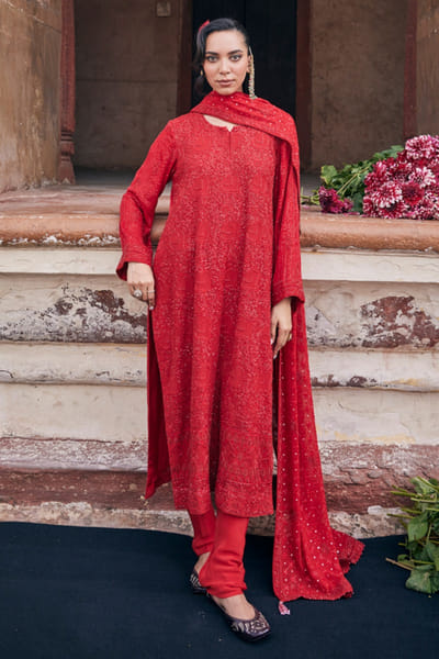 Dhaaga and Co. Red chikankari long kurta and churidar set DHAAJUN26D147504