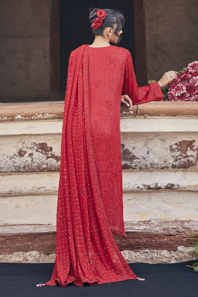 Dhaaga and Co. Red chikankari long kurta and churidar set DHAAJUN26D147504