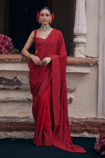 Dhaaga and Co. Red tonal chikankari floral pattern sari set DHAAJUN26D147505