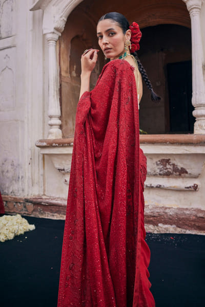 Dhaaga and Co. Red tonal chikankari floral pattern sari set DHAAJUN26D147505