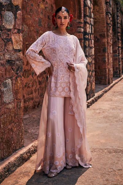 Dhaaga and Co. Peach chikankari floral pattern sharara set DHAAJUN26D147507