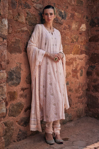 Dhaaga and Co. Peach chikankari long kurta set DHAAJUN26D147508