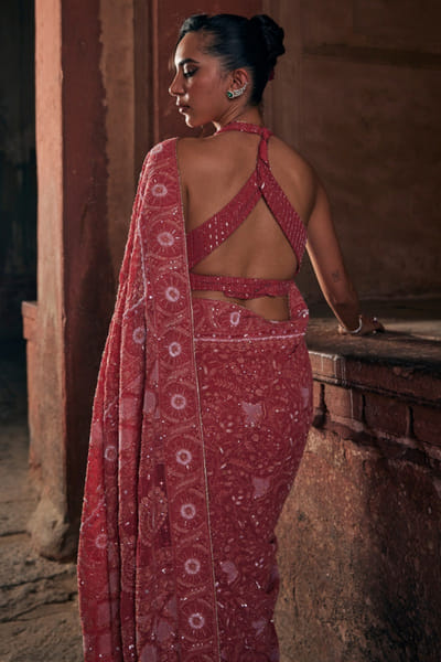 Dhaaga and Co. Fuchsia pink chikankari sari set DHAAJUN26D147509