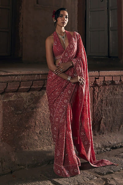 Dhaaga and Co. Fuchsia pink chikankari sari set DHAAJUN26D147509