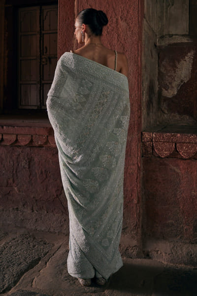 Dhaaga and Co. Aqua blue chikankari sari set DHAAJUN26D147510