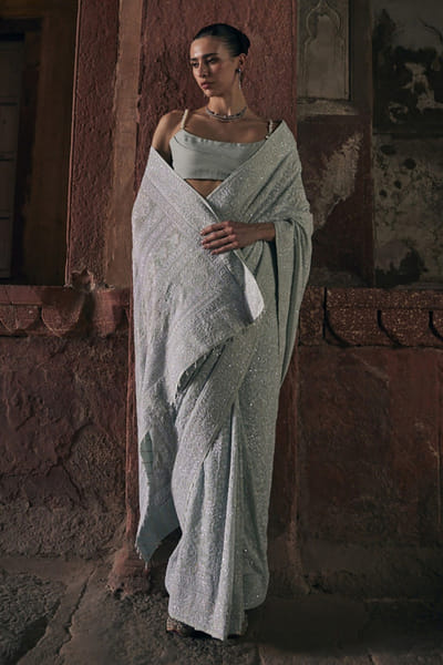 Dhaaga and Co. Aqua blue chikankari sari set DHAAJUN26D147510