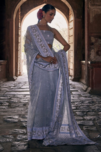 Dhaaga and Co. Blue chikankari sari set DHAAJUN26D147511
