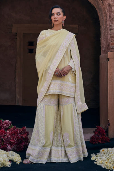 Dhaaga and Co. Yellow chikankari kurta and sharara set DHAAJUN26D147512