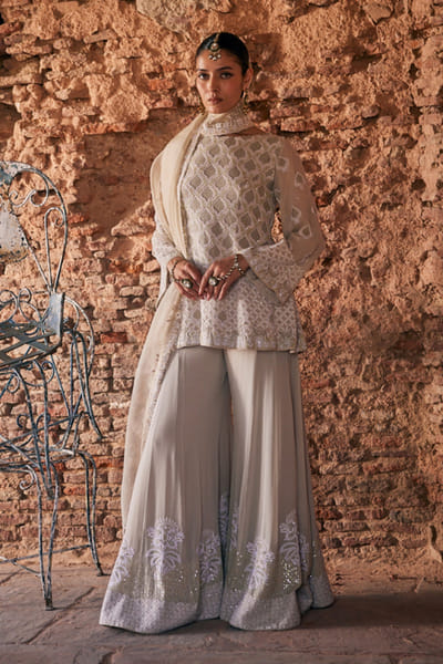 Dhaaga and Co. Sage green chikankari kurta and sharara set DHAAJUN26D147517