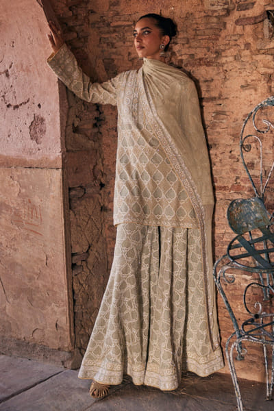 Dhaaga and Co. Green chikankari kurta and sharara set DHAAJUN26D147518