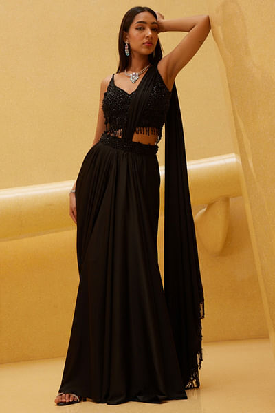 Black pre-draped sari set