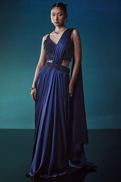 Navy blue crystal pre-draped sari set