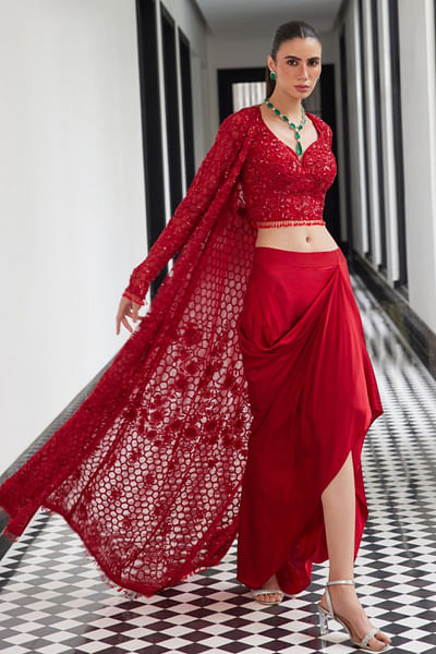Red embellished jacket skirt set