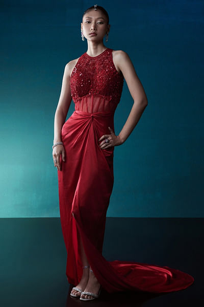 Red embroidered corset gown