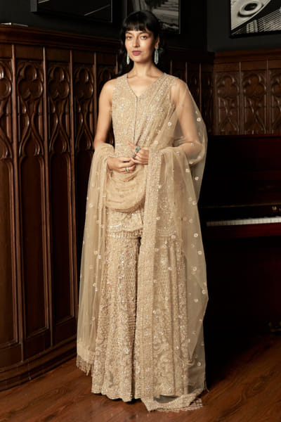 Istya Beige floral geometric embellished sharara set ISTAUG25D135254