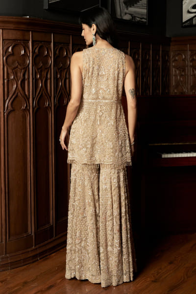 Istya Beige floral geometric embellished sharara set ISTAUG25D135254