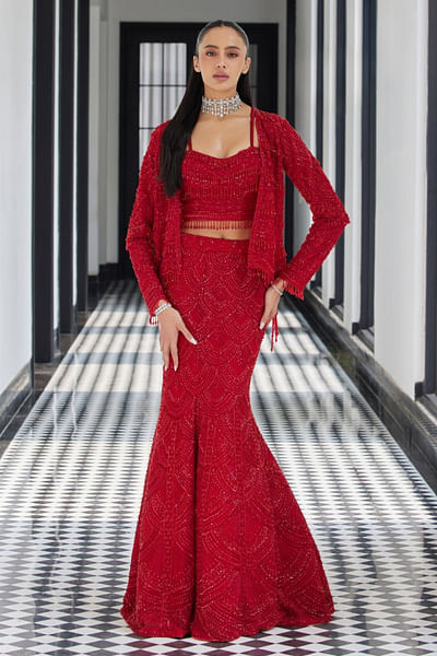 Red embroidered fishtail lehenga jacket set