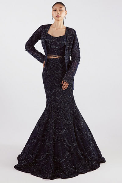 Navy blue embroidered jacket lehenga set