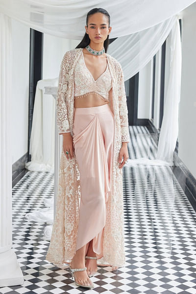 Pink embroidered jacket skirt set