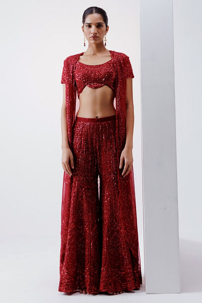 Red embroidered jacket and sharara set