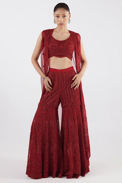 Red embroidered jacket set