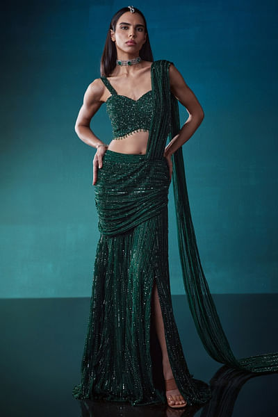 Emerald green sequin pre-draped slit sari set