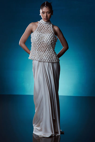Ivory embellished cutwork top skirt set