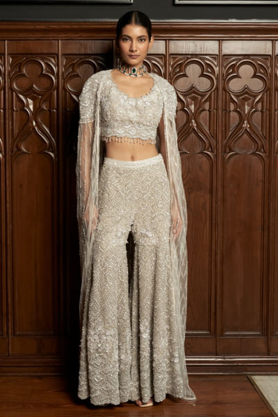 Grey embroidered Indo-Western cape set