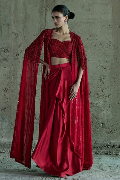 Red embellished Indo-Western jacket set