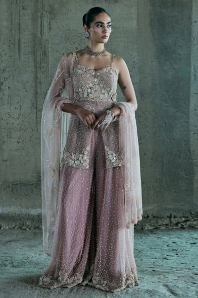 Rose gold floral embroidered sharara set