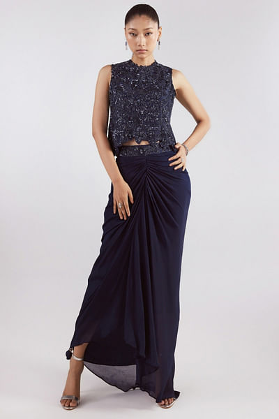 Navy blue embroidered top skirt set