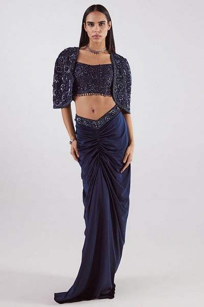 Navy blue embroidered cape skirt set
