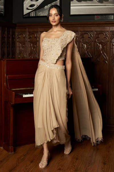 Beige embellished corset pre-draped sari set