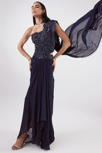 Navy blue embroidered pre-draped sari set
