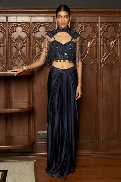Navy blue sequin embroidered cape skirt set