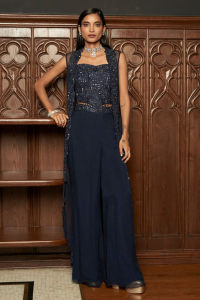 Navy blue embroidered Indo-Western jacket set