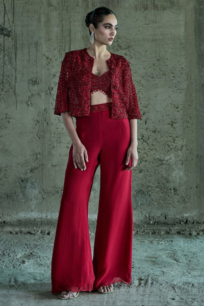 Red cutwork embroidery Indo-Western jacket set