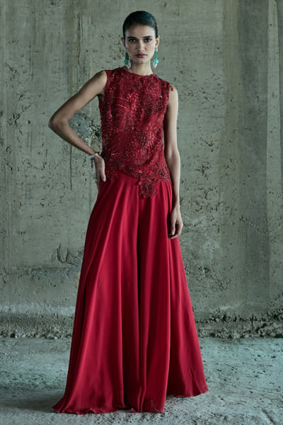 Istya Red embellished Indo-Western co-ord set ISTYDEC99D142432