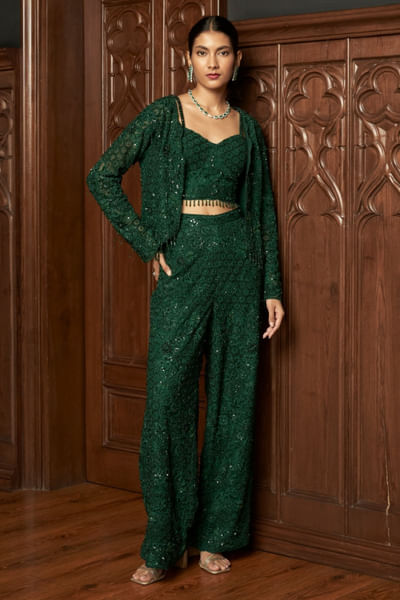 Emerald green embroidered jacket set