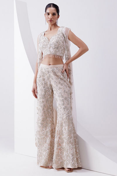 Peach zari and sequin embroidered jacket set