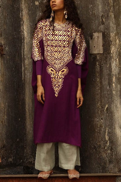 Purple gota embroidered kaftan set