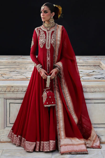 Hussain Rehar Red embroidered pishwas kurta set HUSAUG25D132512