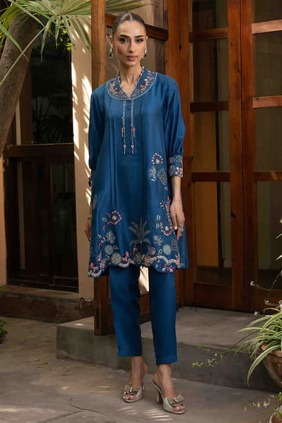 Aneeka Ruknuddin Blue embroidered raw silk co-ord set ANEEJUL26D148972