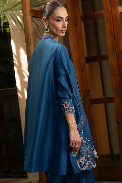 Aneeka Ruknuddin Blue embroidered raw silk co-ord set ANEEJUL26D148972