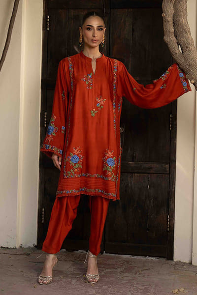 Aneeka Ruknuddin Orange and blue floral embroidered kurta set ANEEJUL26D148973