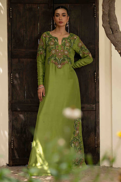Aneeka Ruknuddin Leaf green appliqué embroidered kaftan ANEEJUL26D148974