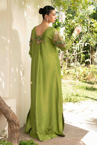 Aneeka Ruknuddin Leaf green appliqué embroidered kaftan ANEEJUL26D148974