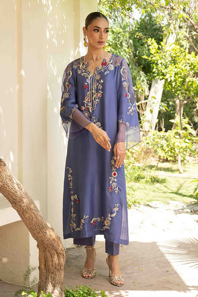 Aneeka Ruknuddin Purple floral embroidered pintuck kurta set ANEEJUL26D148975