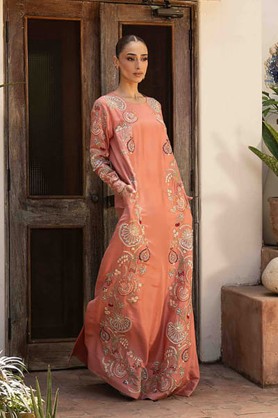 Aneeka Ruknuddin Peach embellished raw silk kaftan ANEEJUL26D148976
